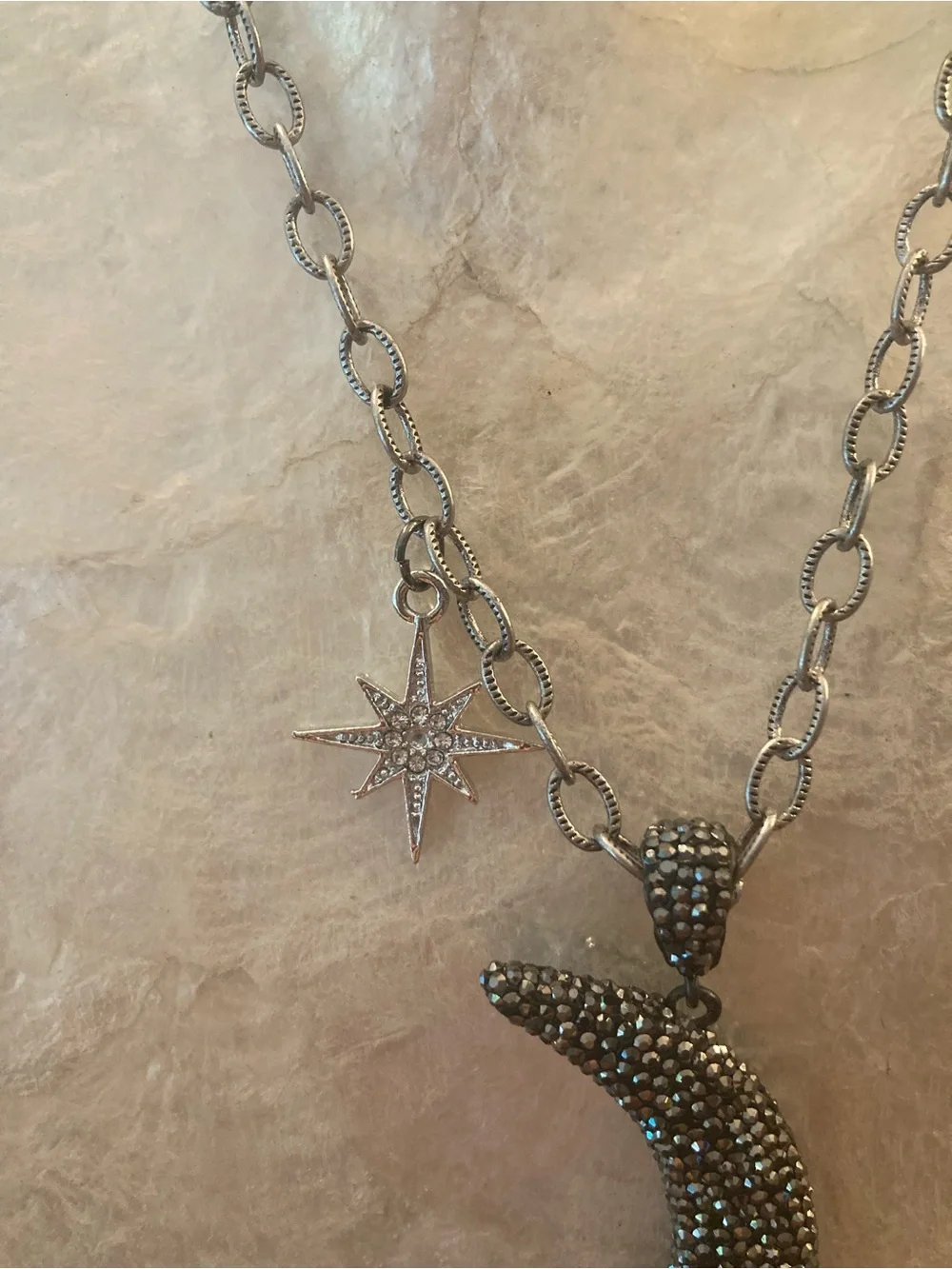 Pave Crescent Moon & Star Pendant Necklace in Gunmetal Tone.